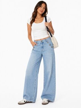 Wide Leg Blue Jeans with Button Detail